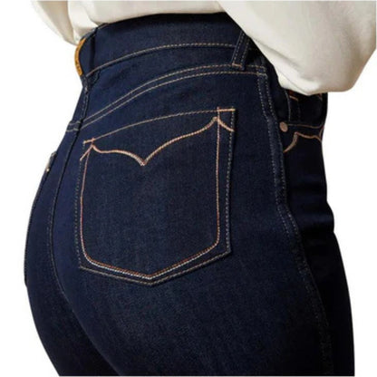 Ariat Veronica ultra high rise wide leg jeans, dark wash front pocket close-up view.