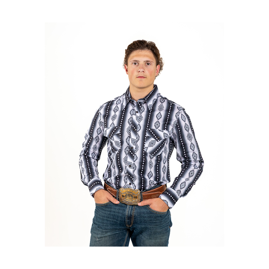 Rock & Roll Denim Men's Black And White Aztec Print Snap Long Sleeve Western Shirt