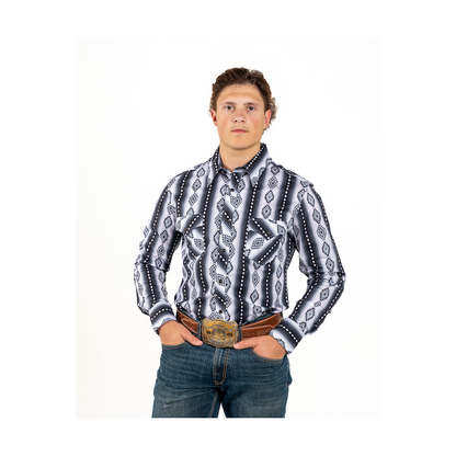 Rock & Roll Denim Men's Black And White Aztec Print Snap Long Sleeve Western Shirt