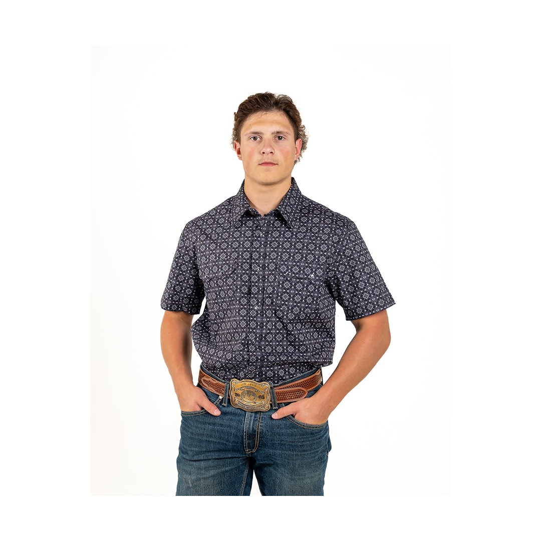 Rock&Roll Denim Men's Black Medallion Short Sleeve Snap Western Shirt