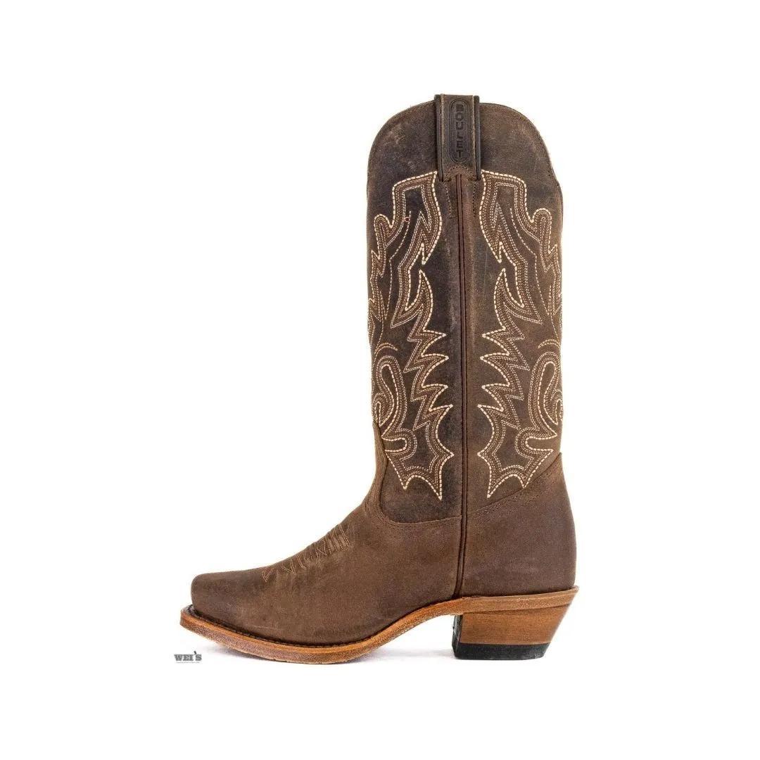 Boulet women's oiled cowhide boots, three-quarter view showing the deep brown finish.