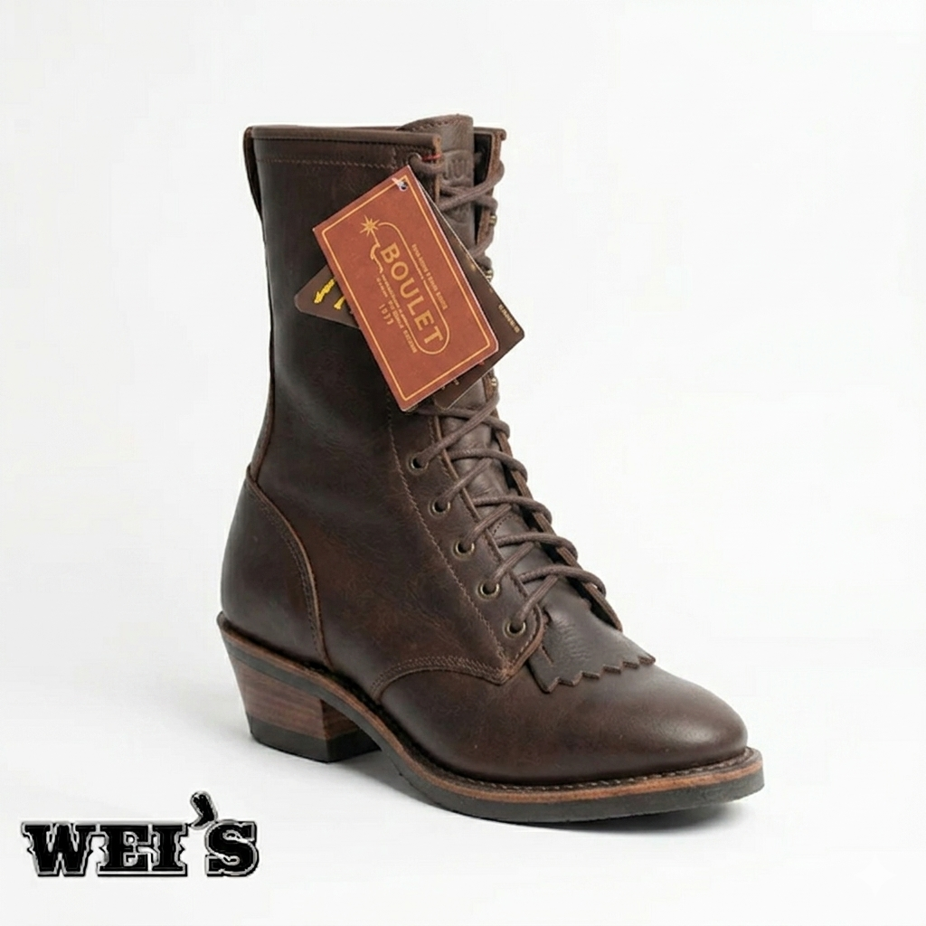 Boulet 8099 11-inch leather packer boot in brown, side profile view.