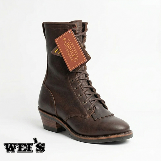 Boulet 8099 11-inch leather packer boot in brown, side profile view.