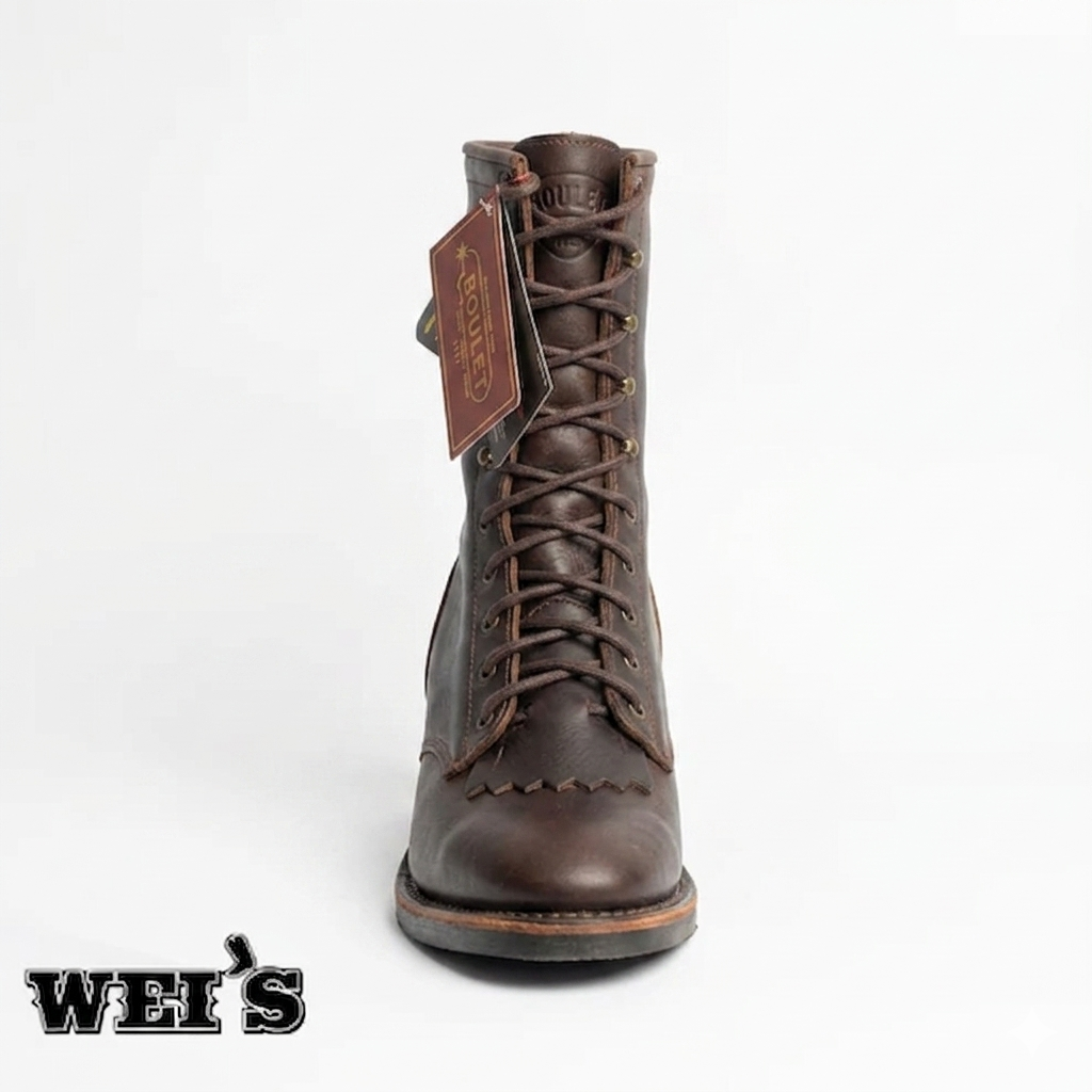 Boulet 8099 11-inch leather packer boot showing close-up of the secure lace-up configuration and kiltie.