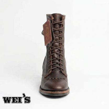 Boulet 8099 11-inch leather packer boot showing close-up of the secure lace-up configuration and kiltie.