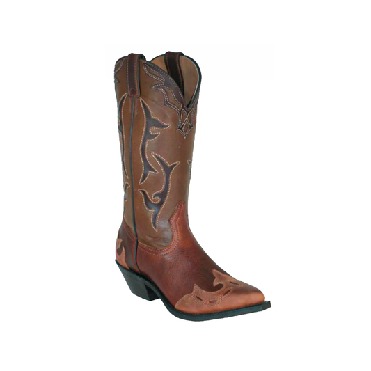 Boulet Silver Rebel 11-inch wingtip cowgirl boot in distressed brown leather, side profile view.