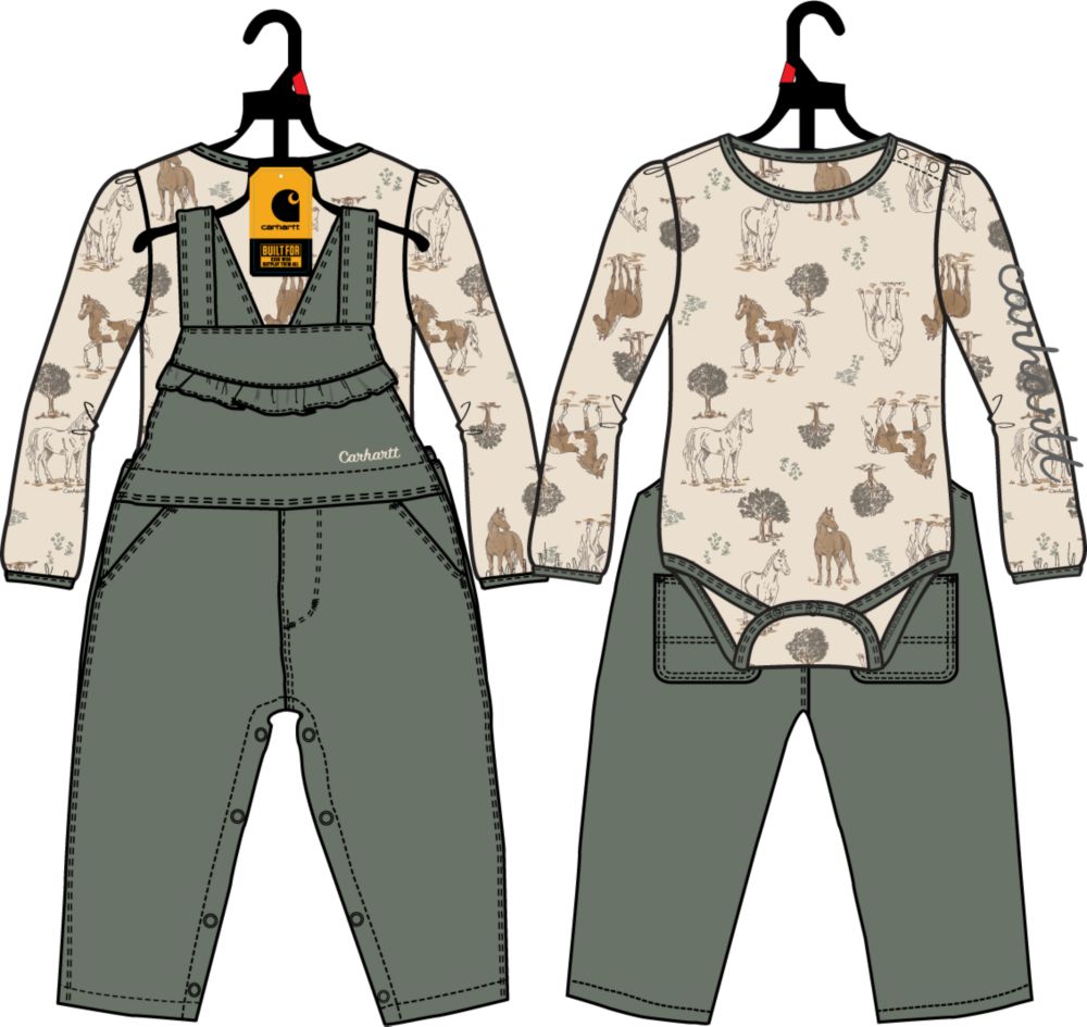 Carhartt Kid's Long Sleeve Horse Bodysuit and Canvas Overall 2 PC Set