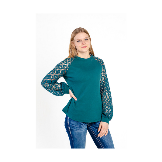 Cruel Girl Women's Knit Top with Crocheted Sleeves