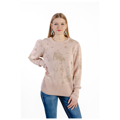 Cruel Denim Women's Pink Gold Print Pullover Sweater