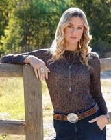 Cruel Women's Brown Ribbed Floral Print Mock Neck Mesh Top