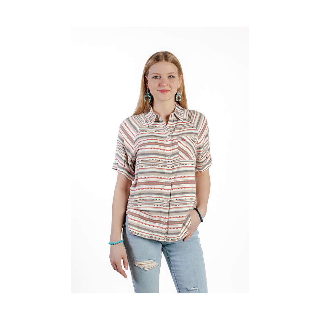 Cruel Denim Women's Stripe Short Sleeve Button Up Shirt
