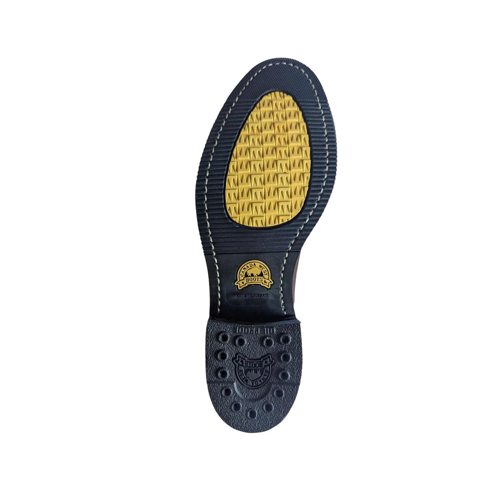 Canada West 5060 soft toe work western boot, bottom-up view of the oil-resistant rubber traction outsole.