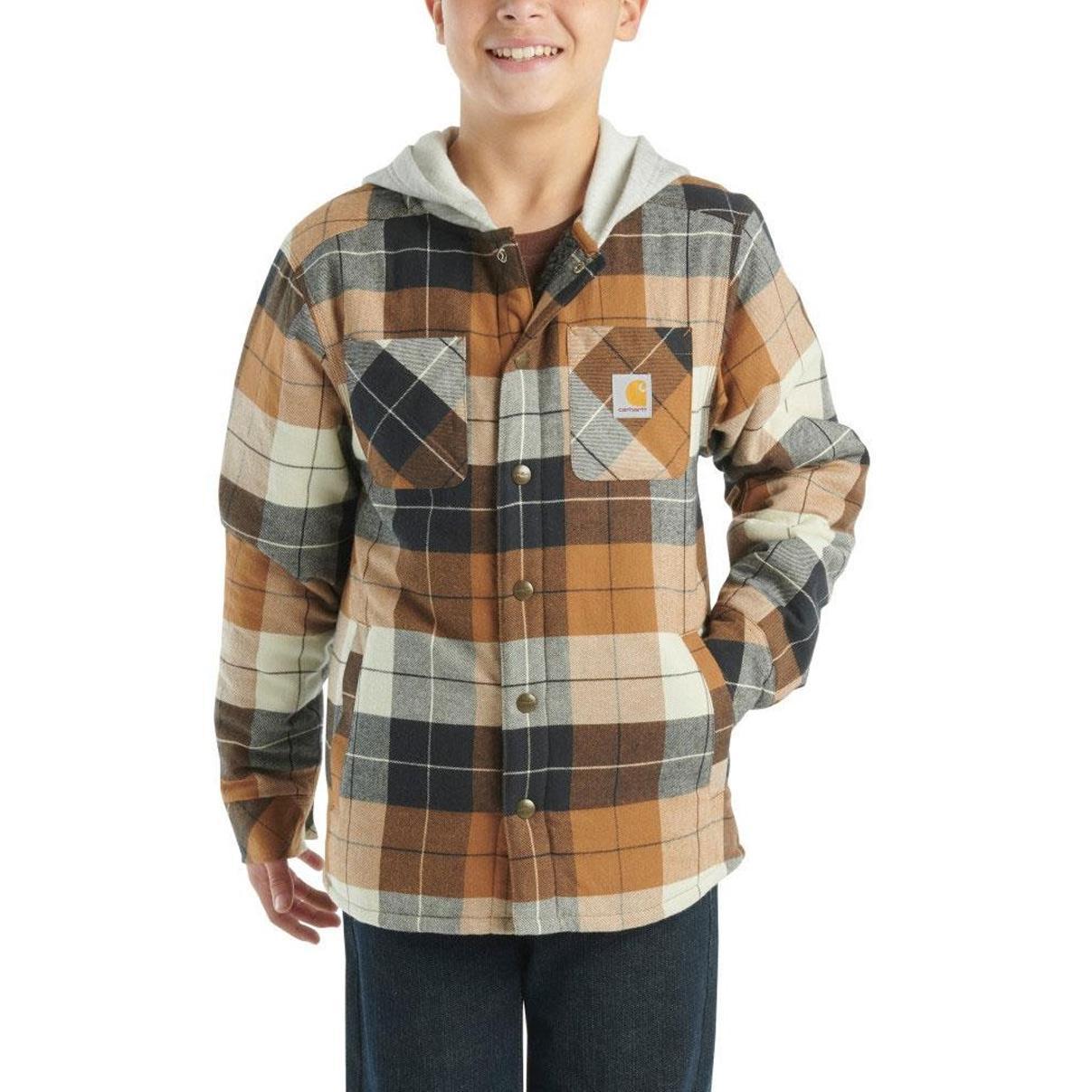 Carhartt Boy's Long Sleeve Flannel Button Down Hooded Shirt Jacket CP8584-D15, CP8584-K01