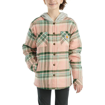 Carhartt Girls/Youth Long Sleeve Flannel Snap Front Hooded Shirt Jacket Peach CP9580