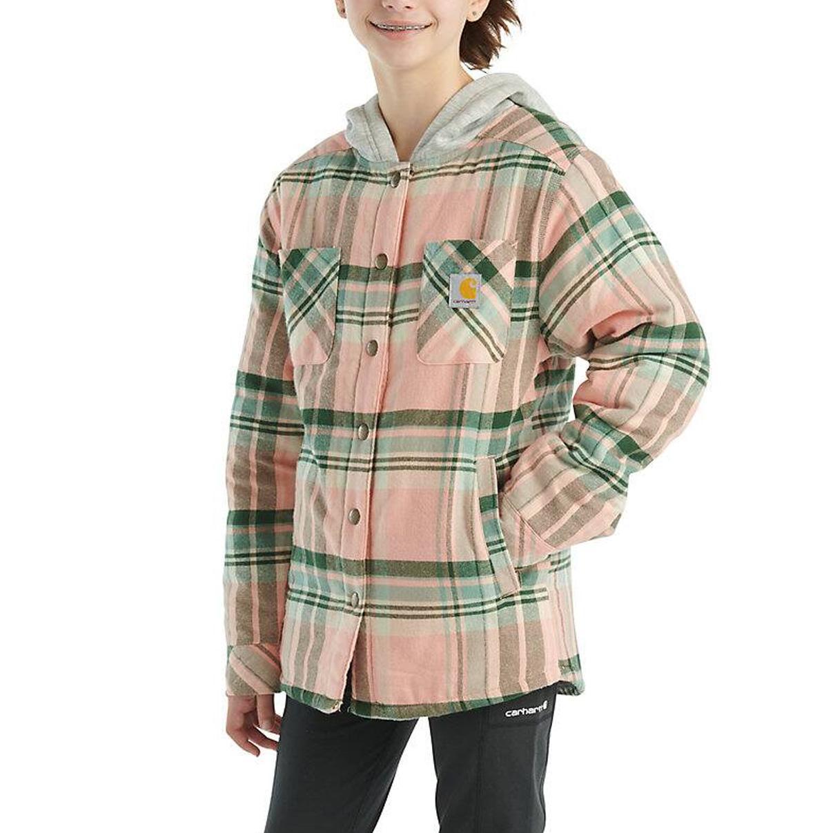 Carhartt Girls/Youth Long Sleeve Flannel Snap Front Hooded Shirt Jacket Peach CP9580