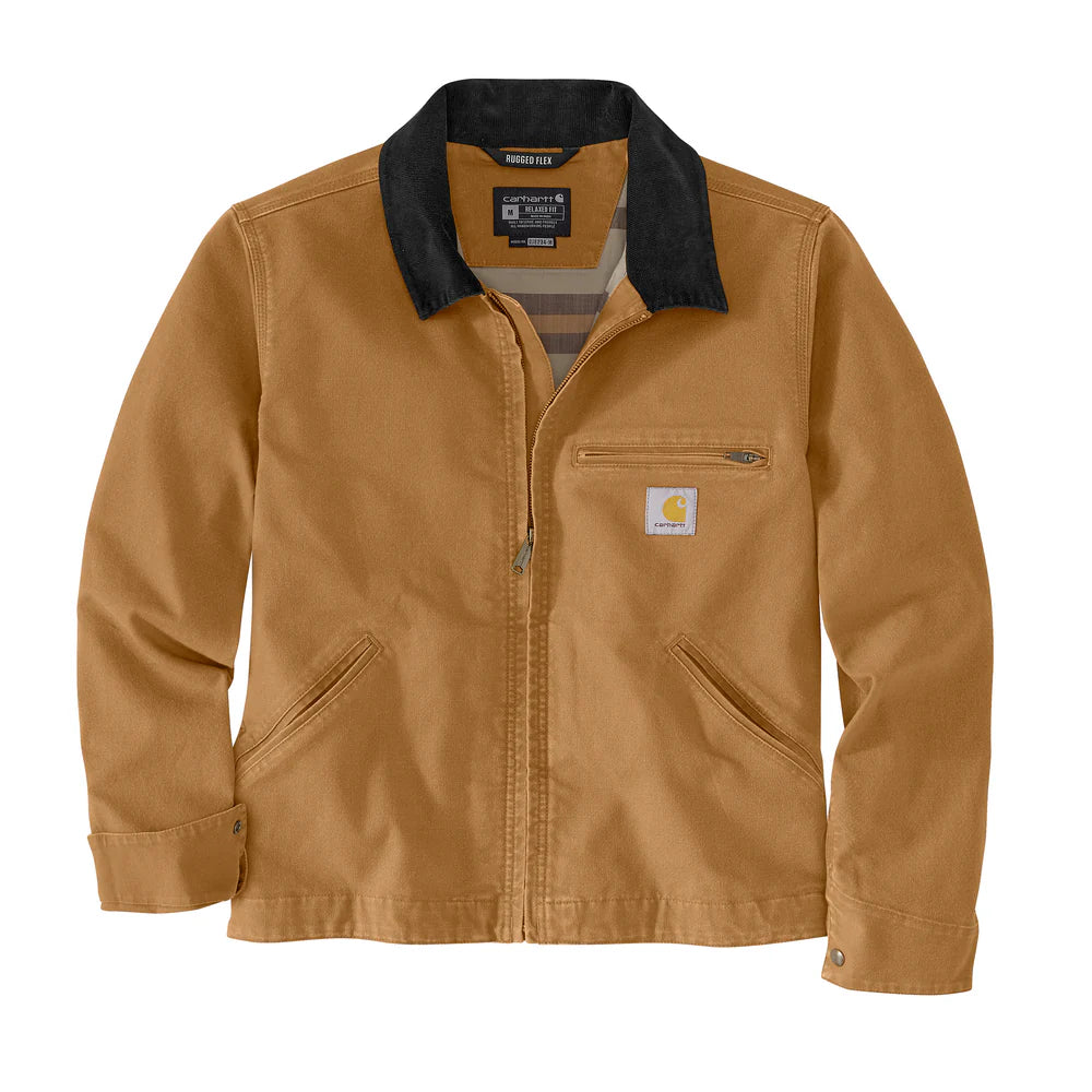 Carhartt 106234 Rugged Flex relaxed fit duck Detroit jacket in classic brown, front studio view.