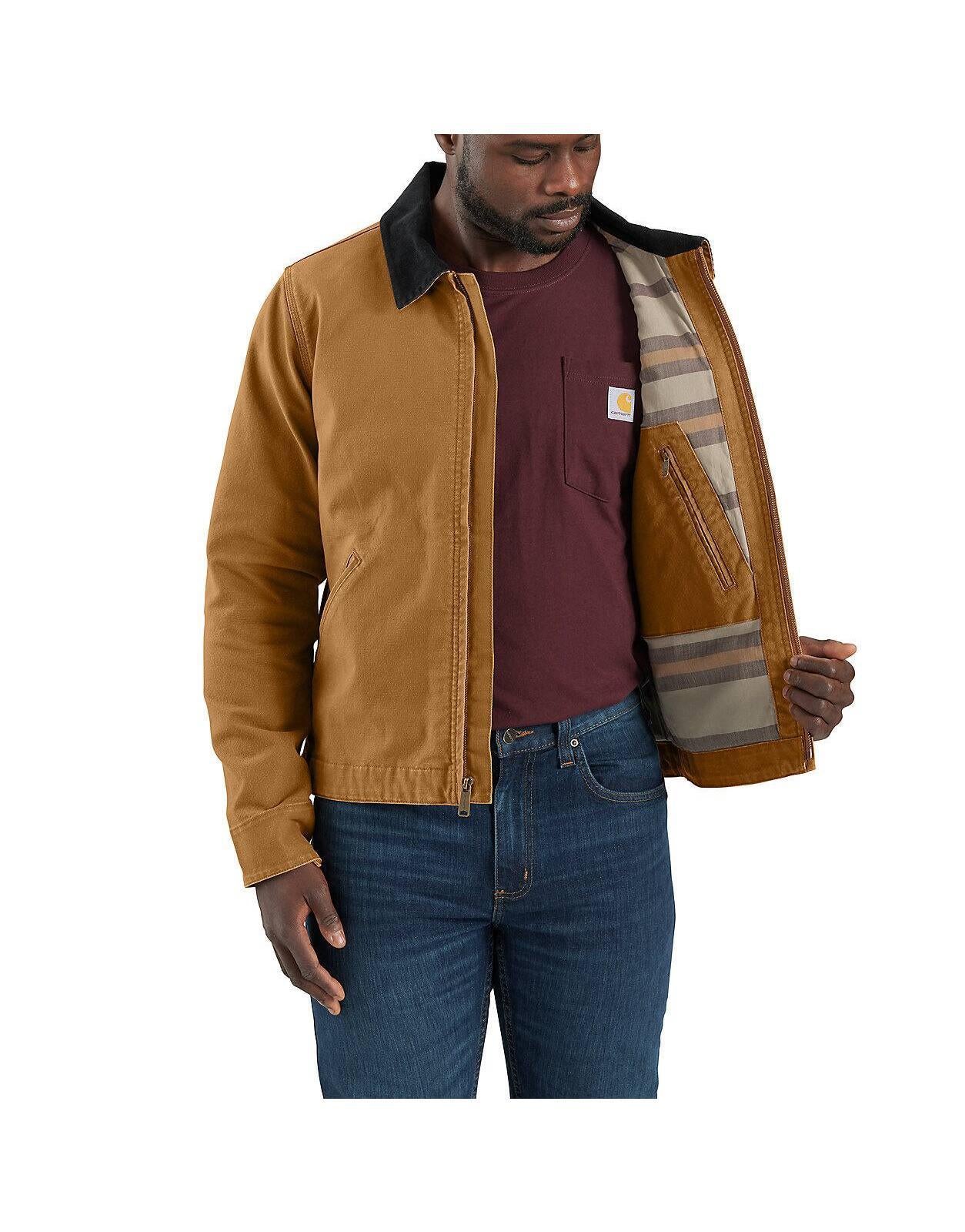 Carhartt 106234 Rugged Flex relaxed fit duck Detroit jacket showing a close-up of the zippered chest pocket and durable collar.