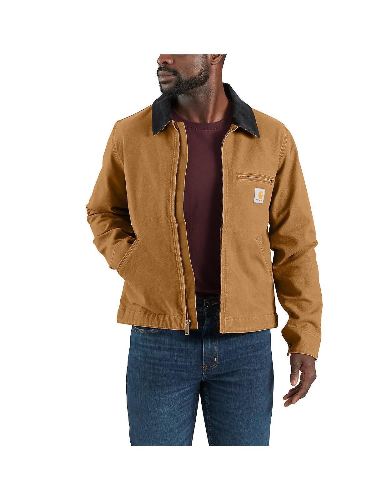 Carhartt 106234 Rugged Flex relaxed fit duck Detroit jacket showing an interior view of the warm blanket lining.