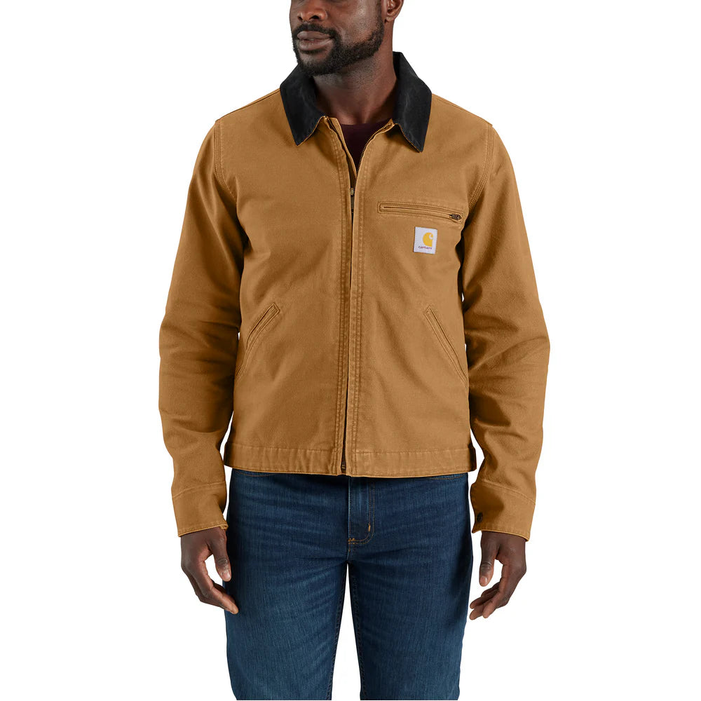 Carhartt 106234 Rugged Flex relaxed fit duck Detroit jacket in classic brown, detailed front profile view.