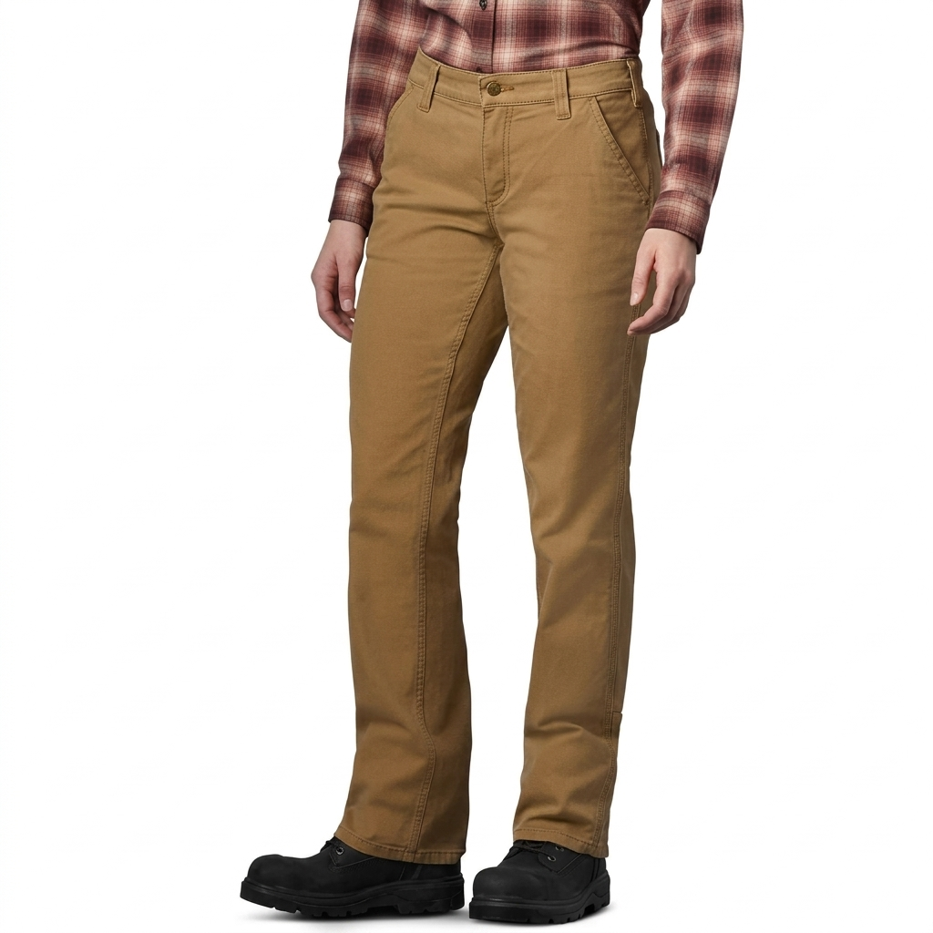 Carhartt Crawford canvas loose fit women’s work pant in brown, front studio view.