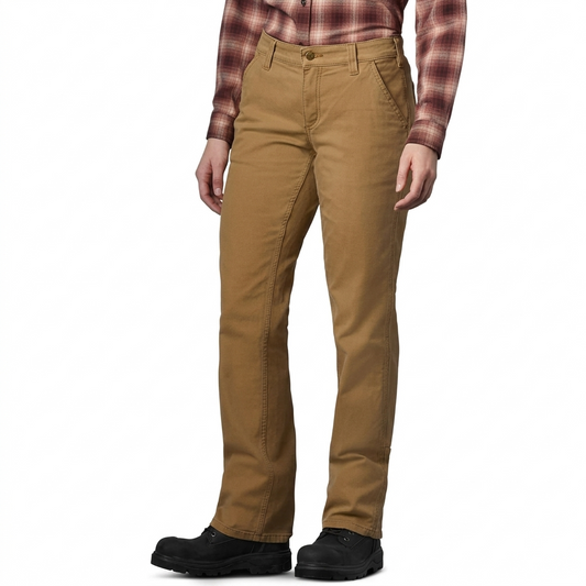 Carhartt Crawford canvas loose fit women’s work pant in brown, front studio view.