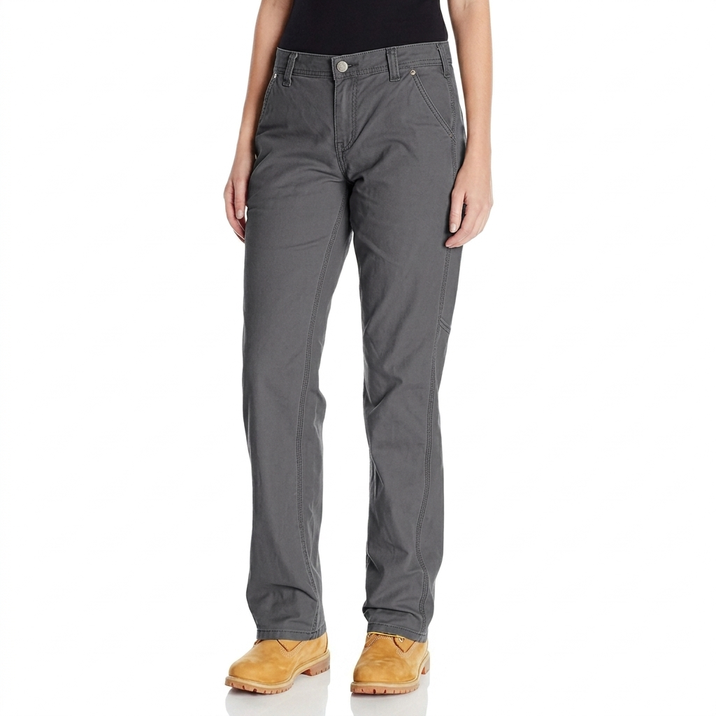 Carhartt Crawford canvas loose fit women’s work pant, flat front view showing belt loops and pocket structure.