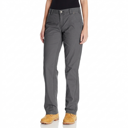Carhartt Crawford canvas loose fit women’s work pant, flat front view showing belt loops and pocket structure.