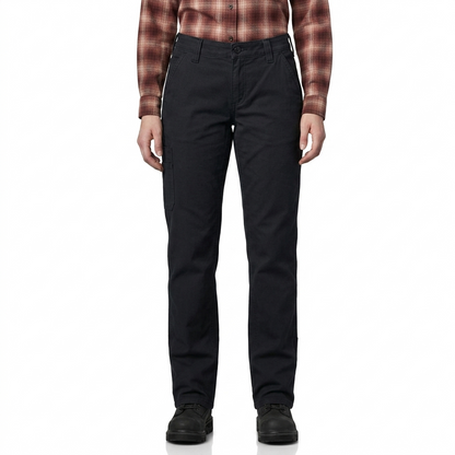 Carhartt Crawford canvas loose fit women’s work pant, side view on a model showing utility pocket.