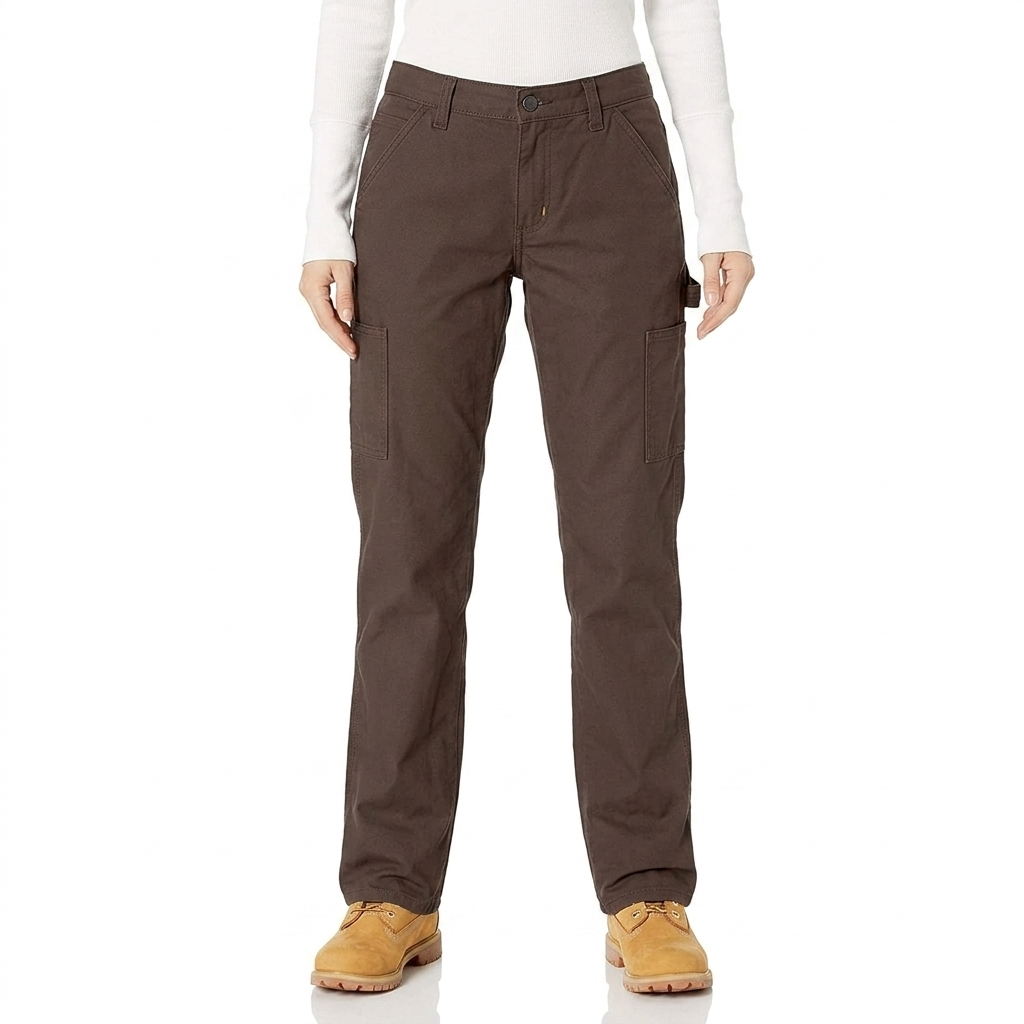 Carhartt Crawford canvas loose fit women’s work pant showing a close-up of the front button closure and durable waistband.