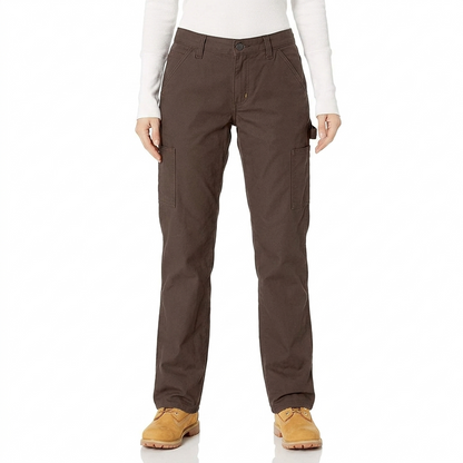 Carhartt Crawford canvas loose fit women’s work pant showing a close-up of the front button closure and durable waistband.