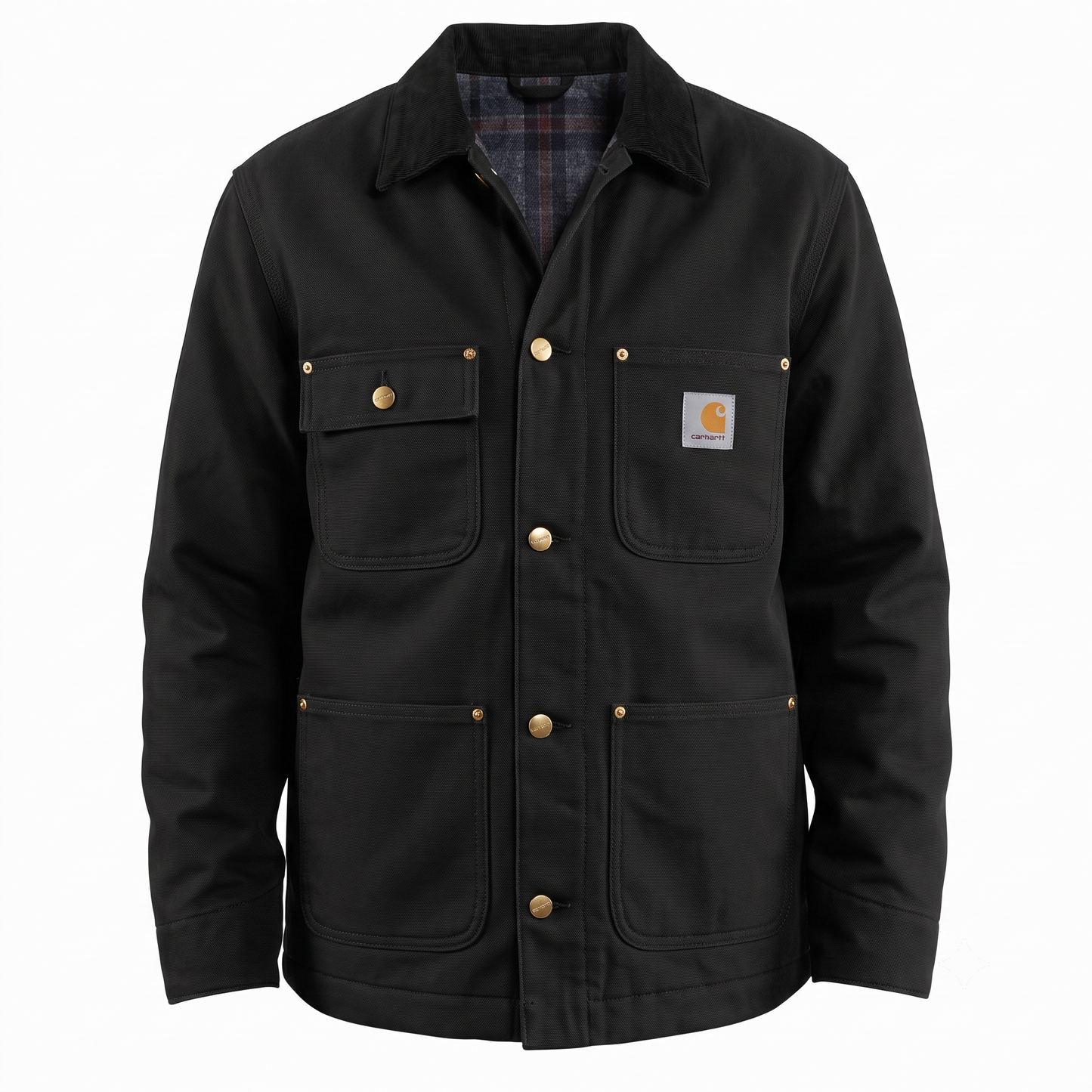Carhartt loose fit blanket-lined duck chore coat in black cotton canvas, flat front view.