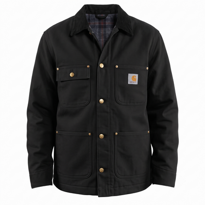 Carhartt loose fit blanket-lined duck chore coat in black cotton canvas, flat front view.
