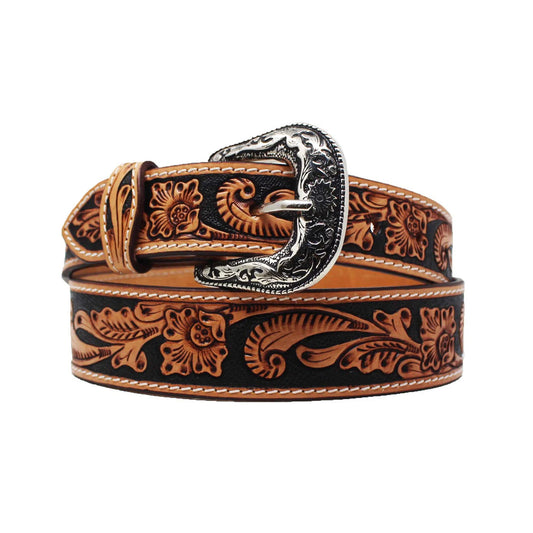 Challenger Belts Kids 1-1/2" Western Floral Tooled Black Inlay Full-Grain Leather Belt 26RS03