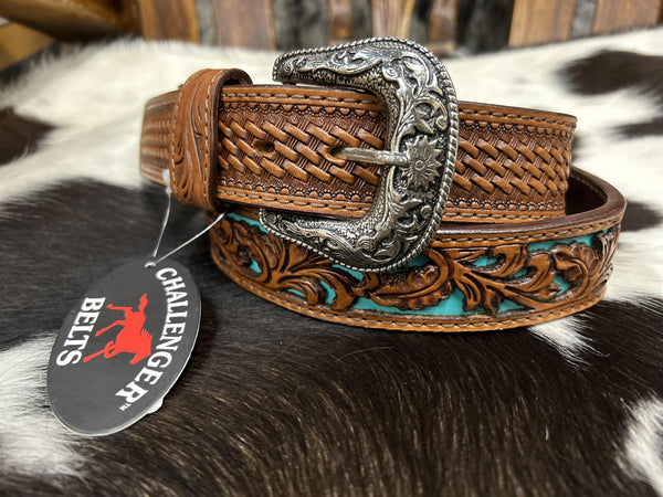 【TORNADO MART】turquoise leather belt/Y2K Challenger Men's Turquoise Floral Tooled Leather Belt – Wei's