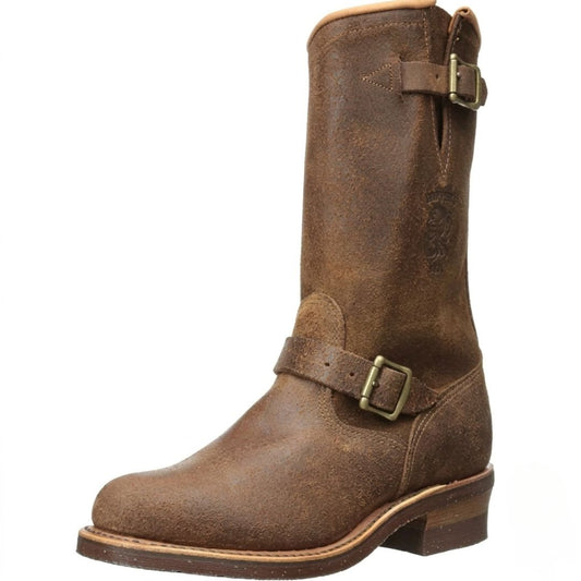 Chippewa 11-inch motorcycle engineer boot in brown distressed leather, side profile view.