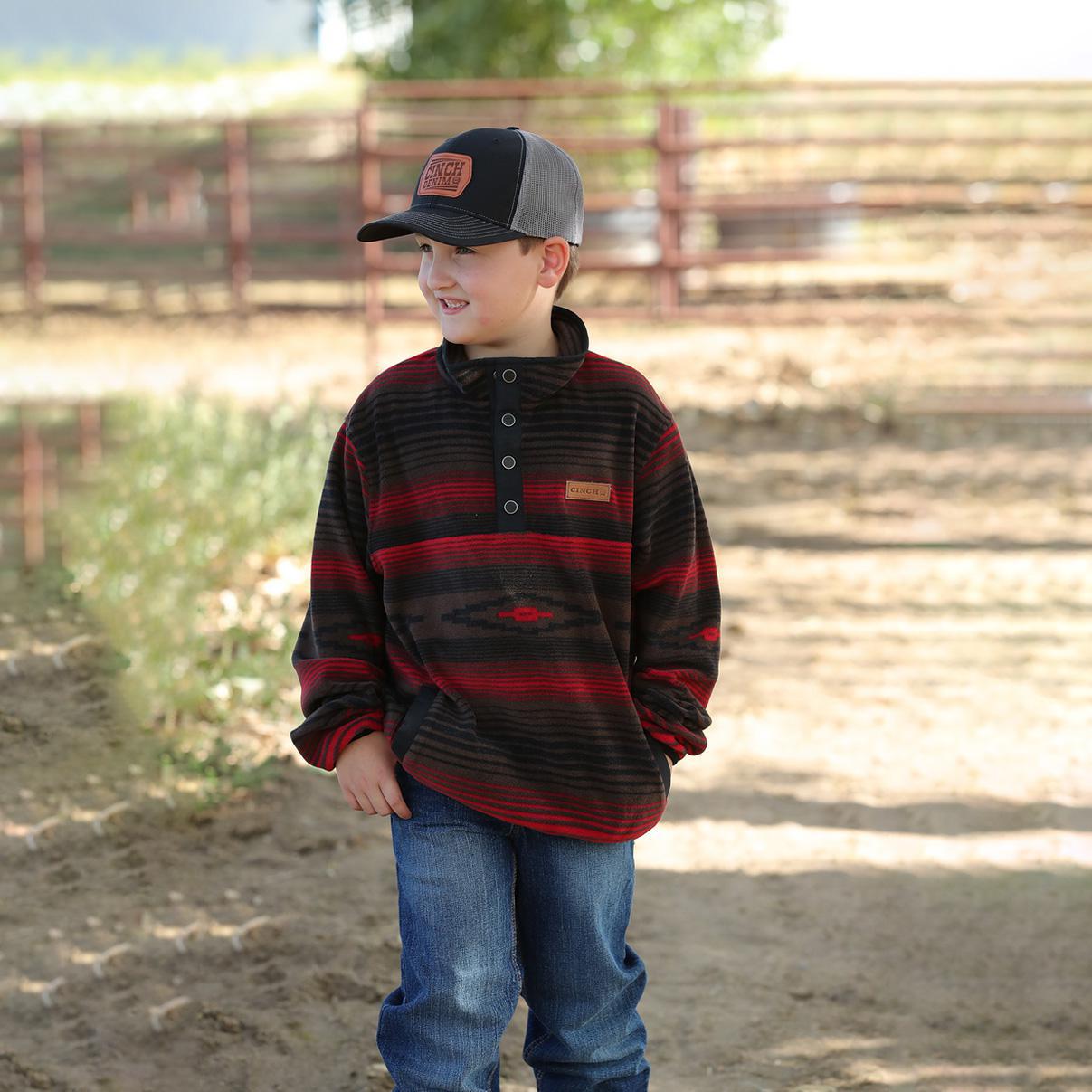 Cinch Boy's Aztec Pullover Fleece Sweater Red MWK7590010 BRN