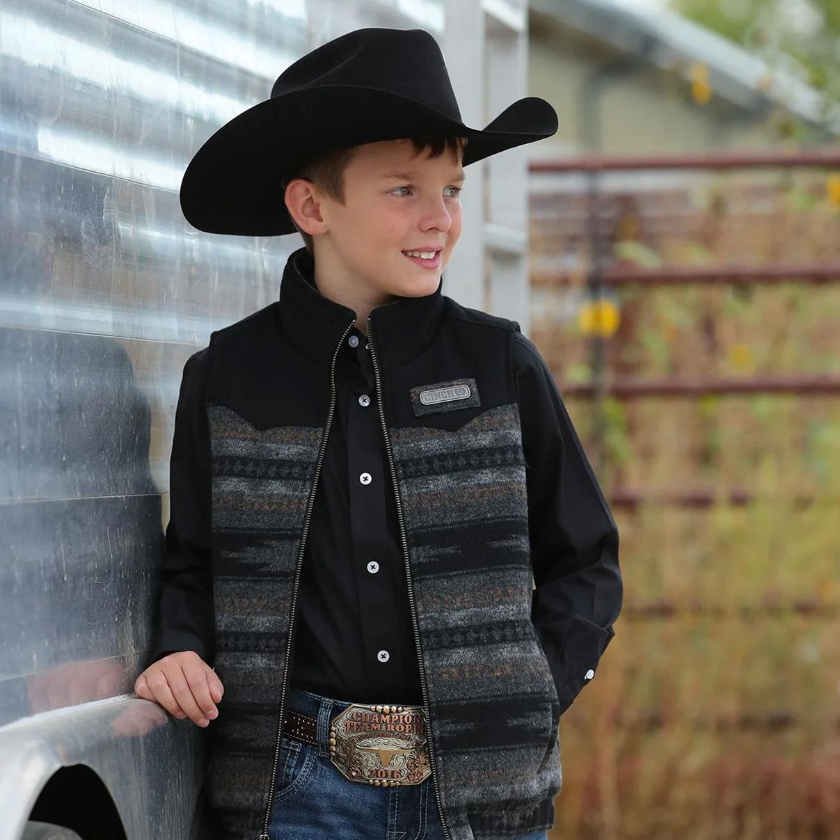 Cinch Boy's Blanket Striped Poly-Wool Vest Black and Grey MWV5050002