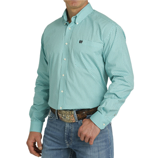 Cinch Men's Blue Geometric Plain Weave Shirt