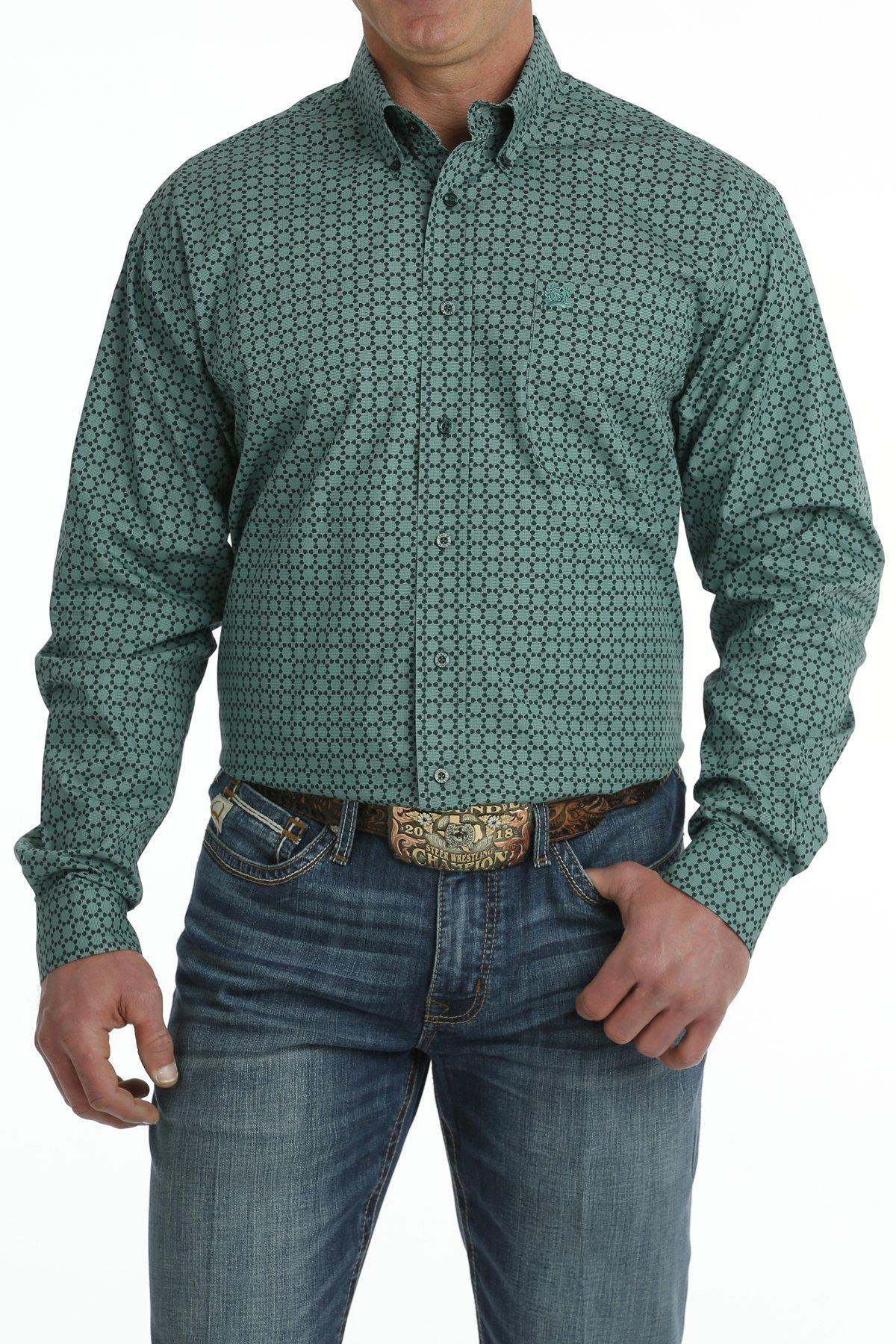 Cinch Men's Geometric Print Button Down Long Sleeve Western Shirt In Green MTW1105707 Clearance