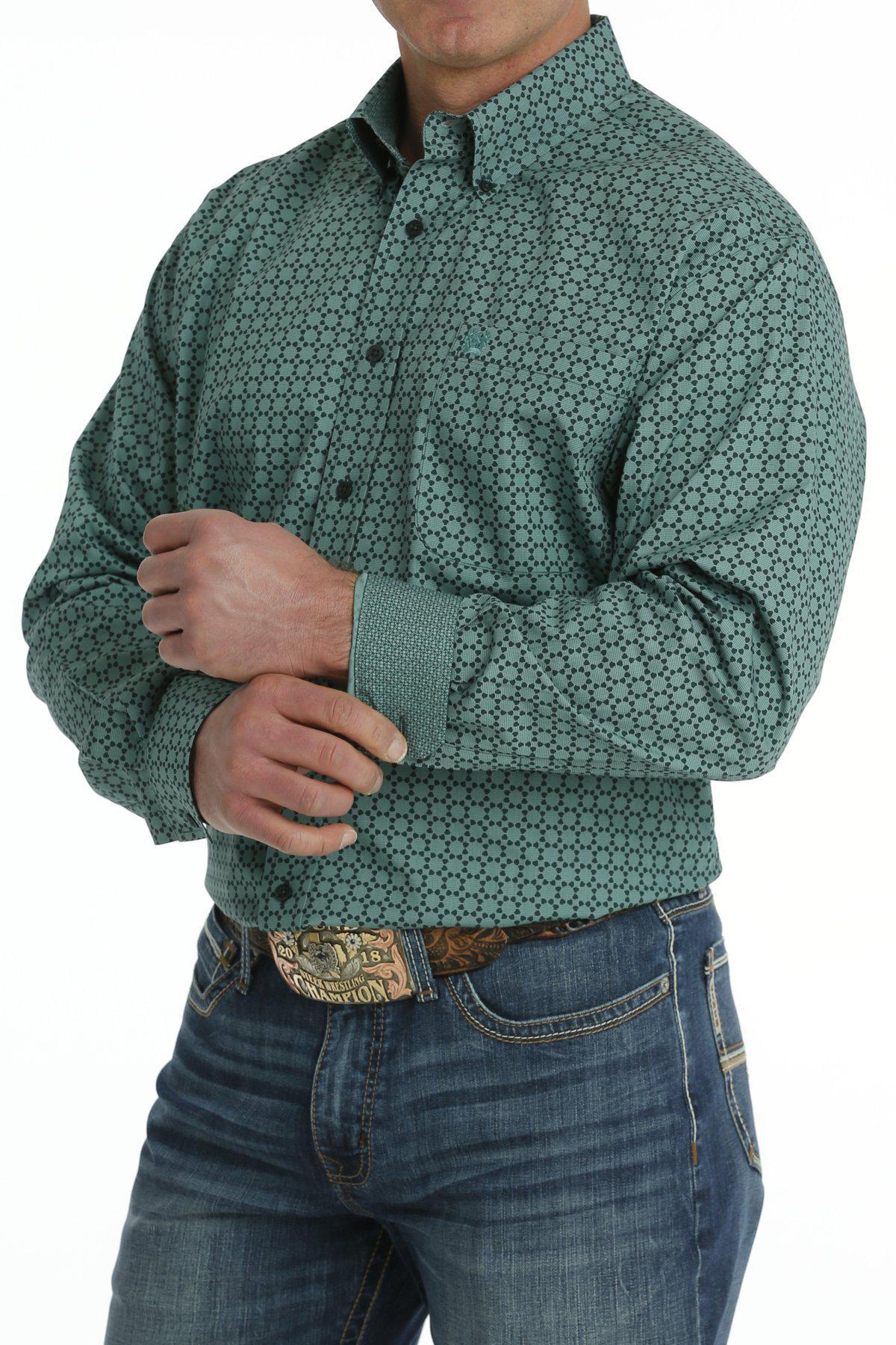 Cinch Men's Geometric Print Button Down Long Sleeve Western Shirt In Green MTW1105707 Clearance