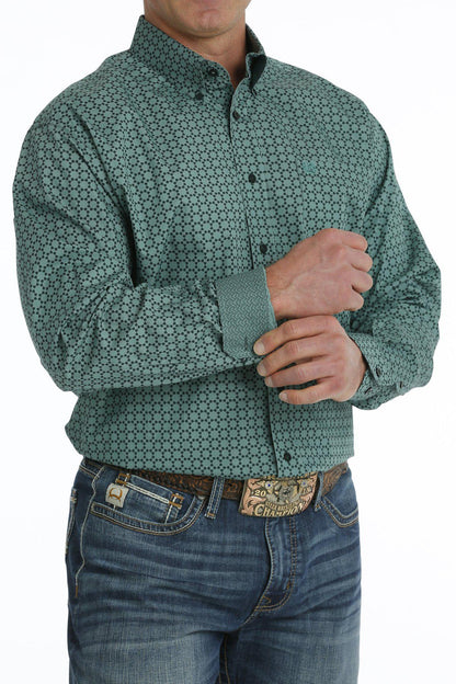 Cinch Men's Geometric Print Button Down Long Sleeve Western Shirt In Green MTW1105707 Clearance