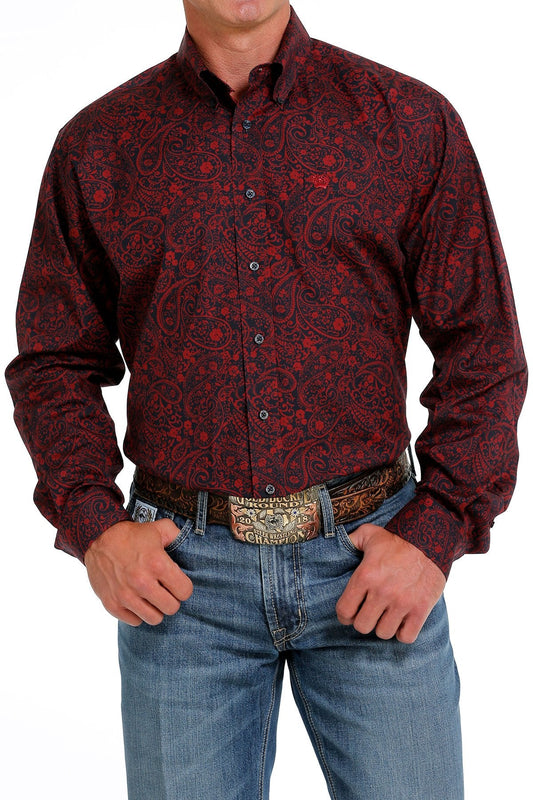 Cinch Men’s Western Shirt Red Paisley Button Down Navy/Red