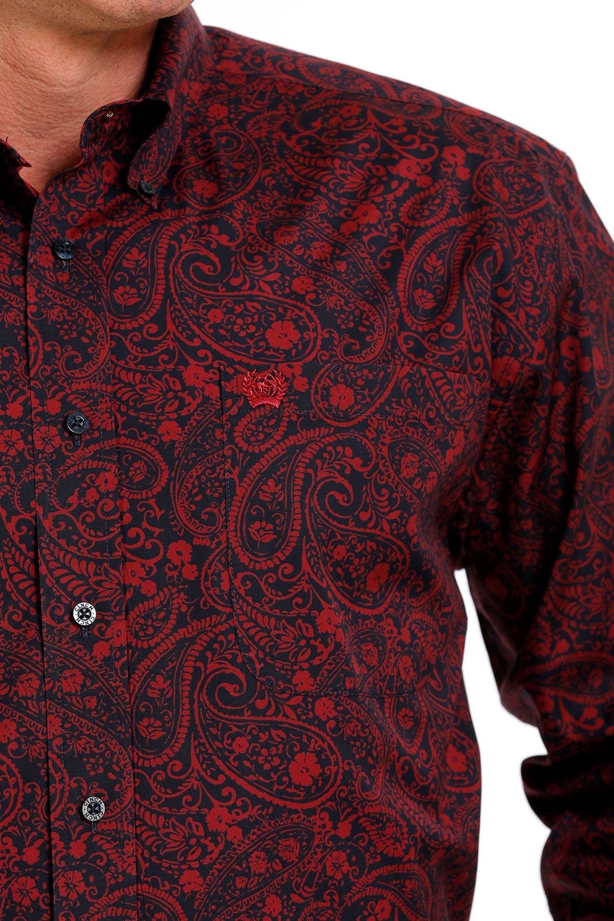 Cinch Men’s Western Shirt Red Paisley Button Down Navy/Red MTW1105626