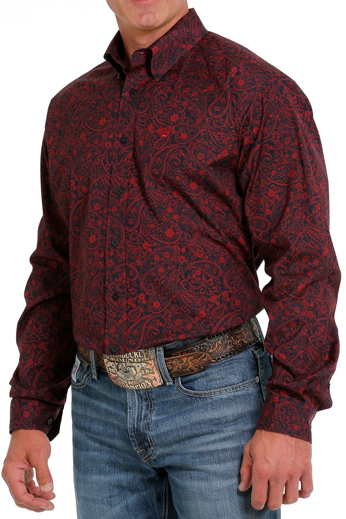 Cinch Men’s Western Shirt Red Paisley Button Down Navy/Red MTW1105626