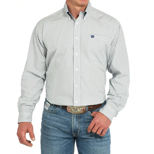 Cinch Men's White Geo Print Long Sleeve Button Up Shirt
