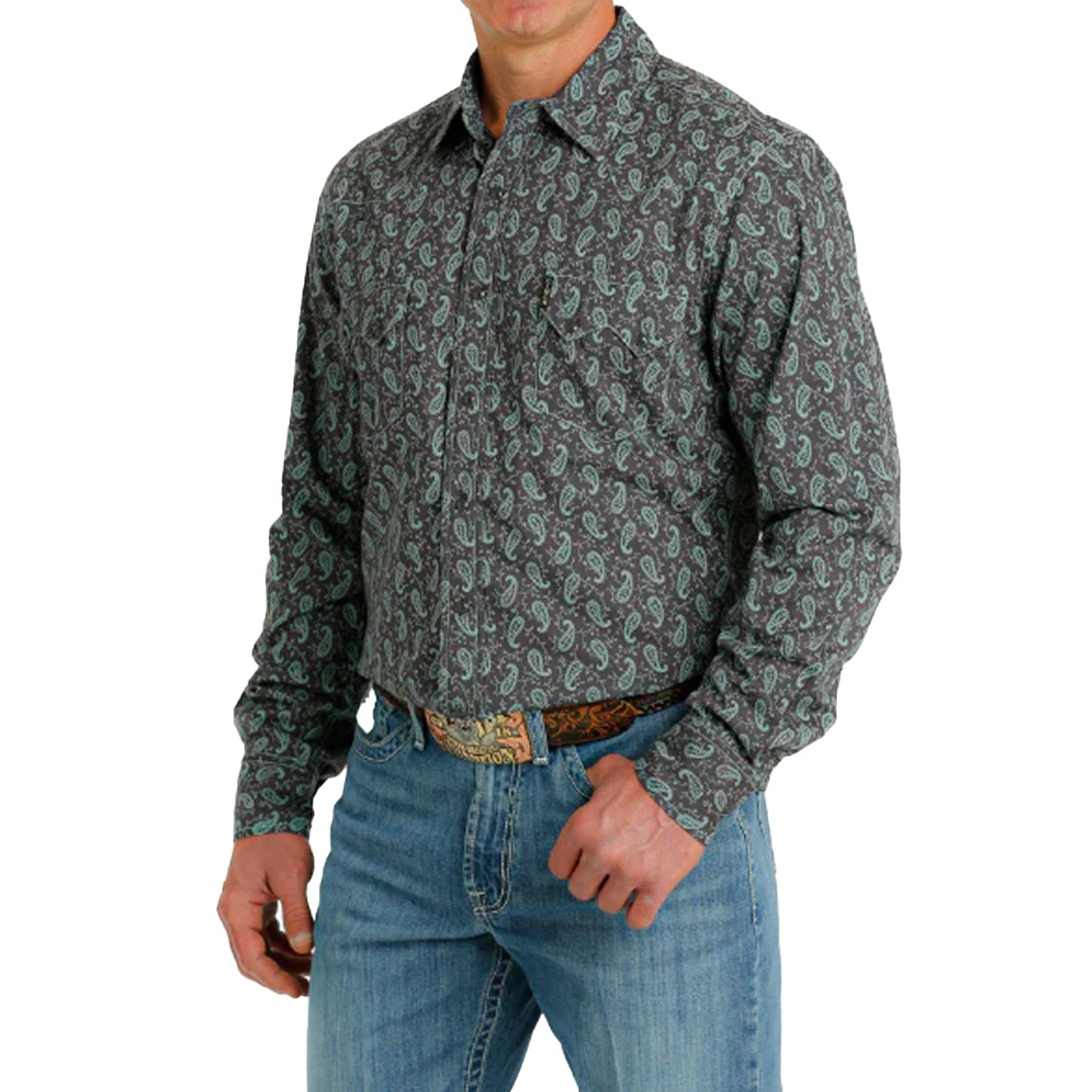 Cinch Modern Fit Men's Long Sleeve Shirt Paisley Print Charcoal/Green MTW1301074