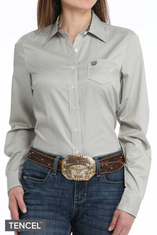 Cinch Women's Stripe Button Down In Olive/White