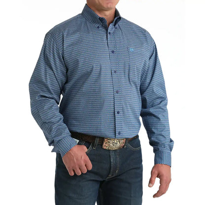 Cinch Men's Royal Blue Geometric Print Long Sleeve Button Down Shirt