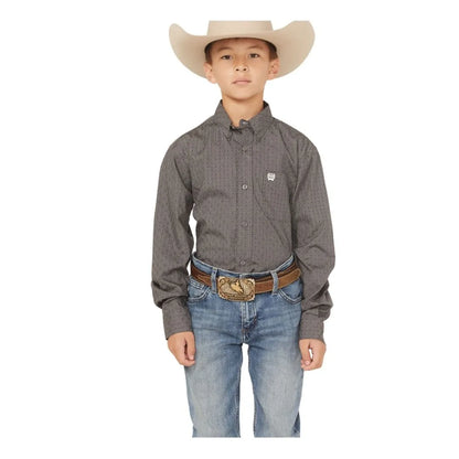 Cinch Boy's Geo Print Long Sleeve Button Down Western Shirt Grey