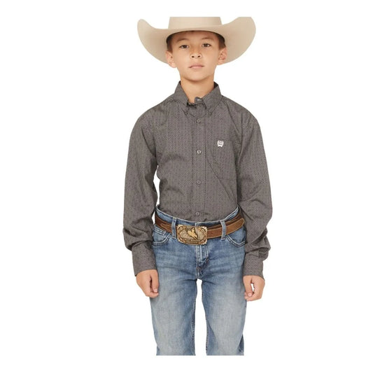 Cinch Boy's Geo Print Long Sleeve Button Down Western Shirt Grey